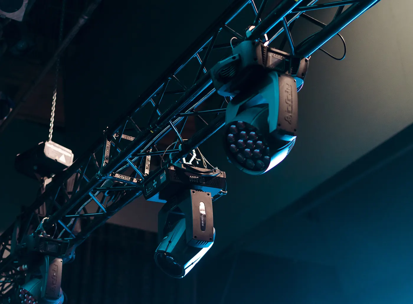 Venue interior with integrated audio, video and lighting